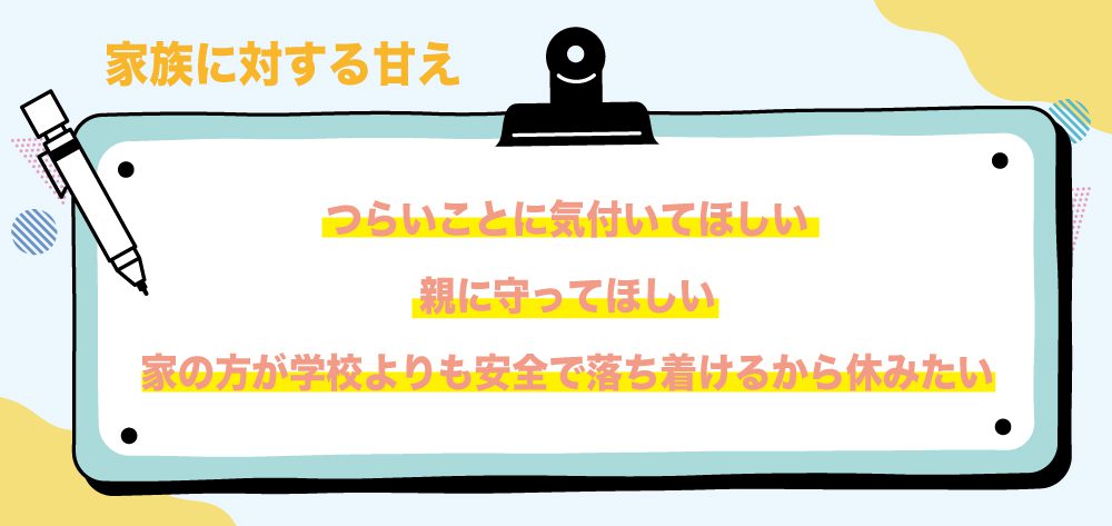 家族に対する甘えは以下の項目
つらいことに気付いてほしい
親に守ってほしい
家の方が学校よりも安全で落ち着けるから休みたい